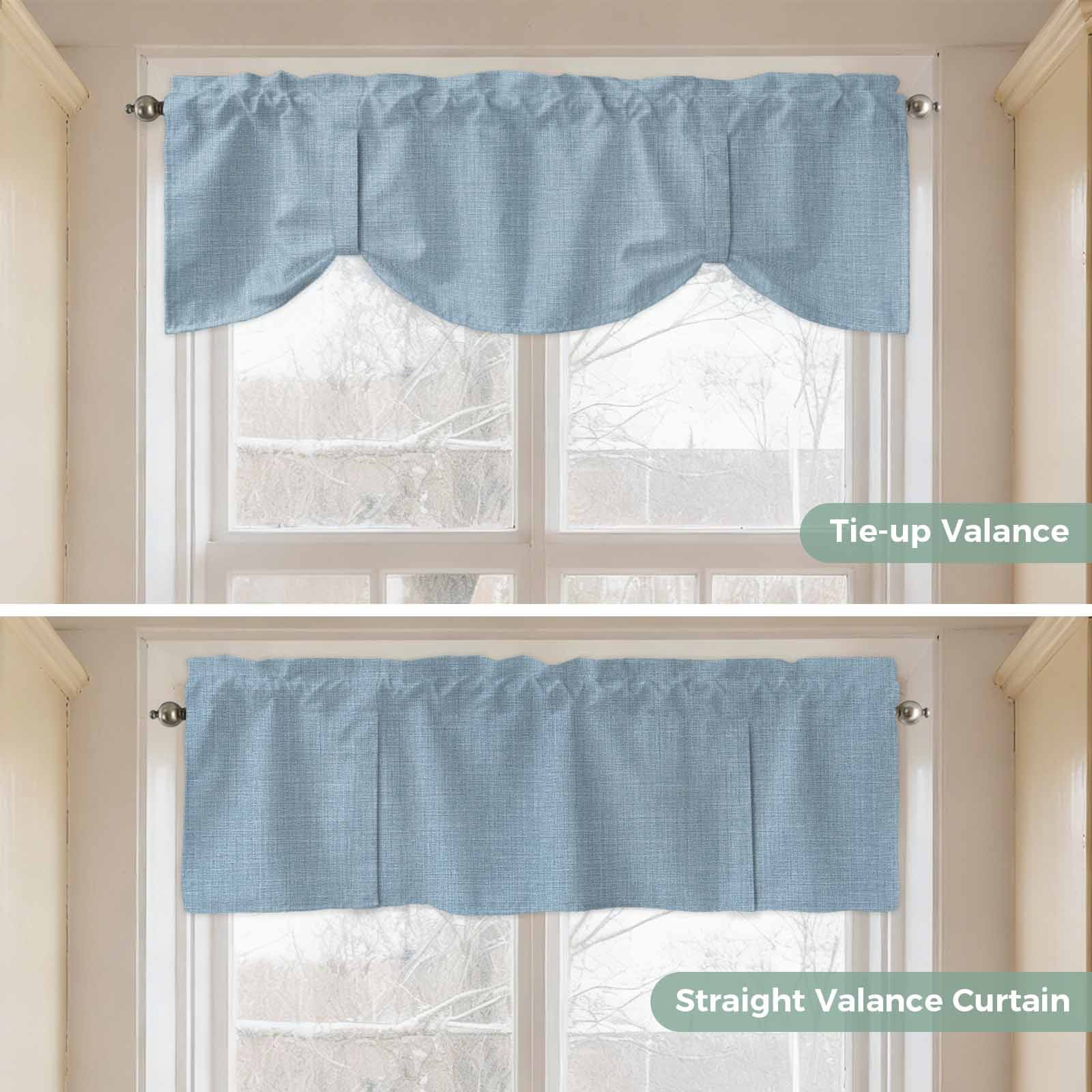 Vintage Sky Blue Tie Up Valance Curtains for Windows, Kitchen Curtains Window Treatments, Farmhouse Retro Solid Color Linen Texture Short Window Shades Valances for Bedroom Bathroom Cafe 54"x18"