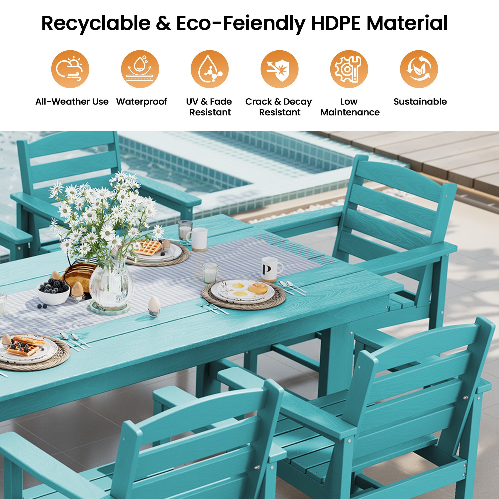 KINGYES All Weather Outdoor Dining Table with Umbrella Hole, HDPE Rectangular Patio Table for Backyard, Garden, Porch, Deck, Aruba Blue