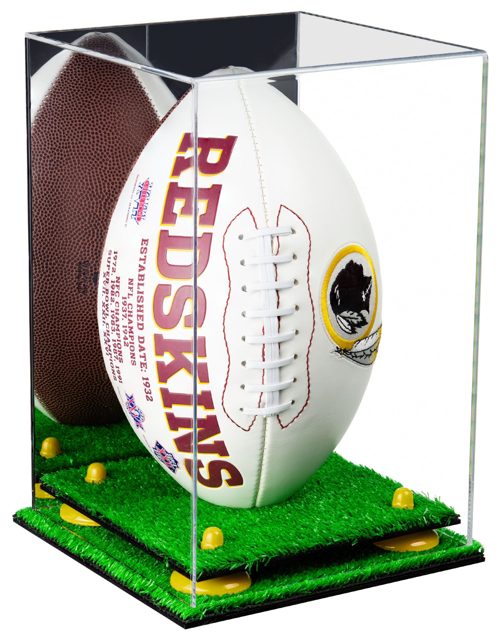 Acrylic Football Display Case Vertical with Mirror, Yellow Risers and Turf Base (A060YR