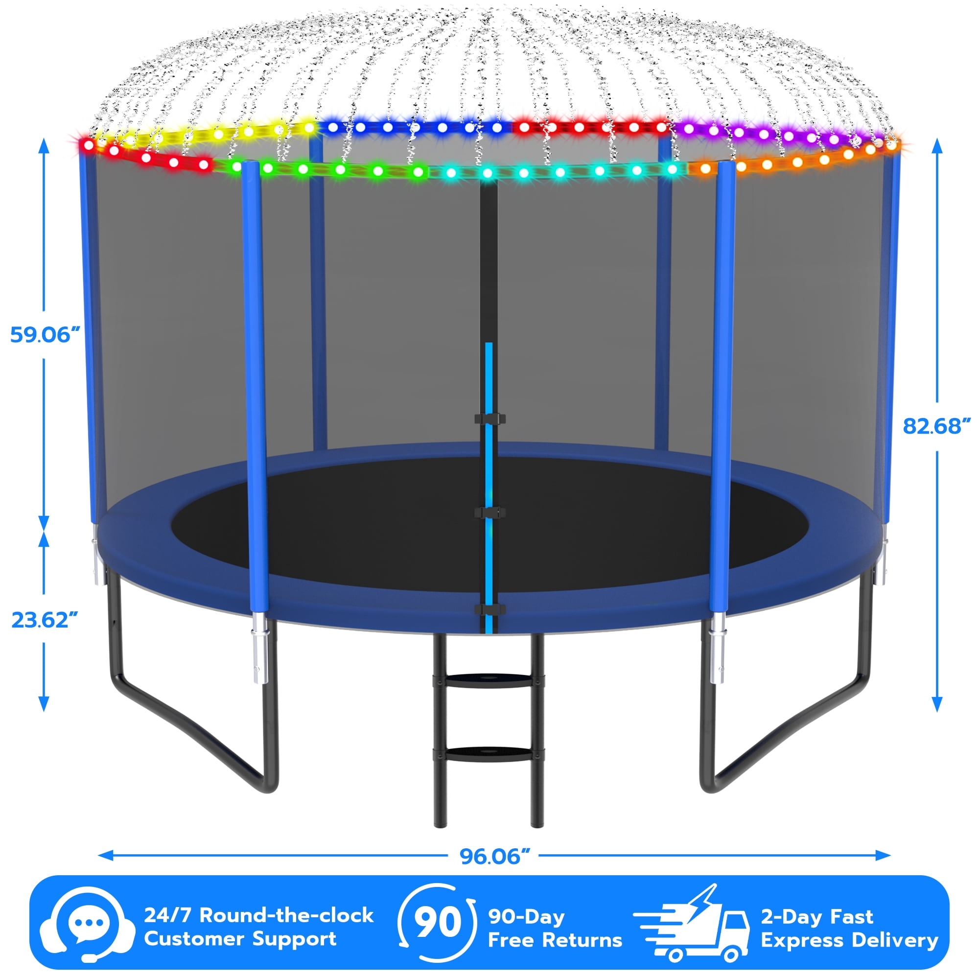 Cochan 8FT Trampoline with Net for 2-3 Kids, Heavy Duty Outdoor Trampoline with Sprinkler and Lights, Enclosure, Ladder, 800LBS Weight Capacity, Birthday Gift, Easy Assembly