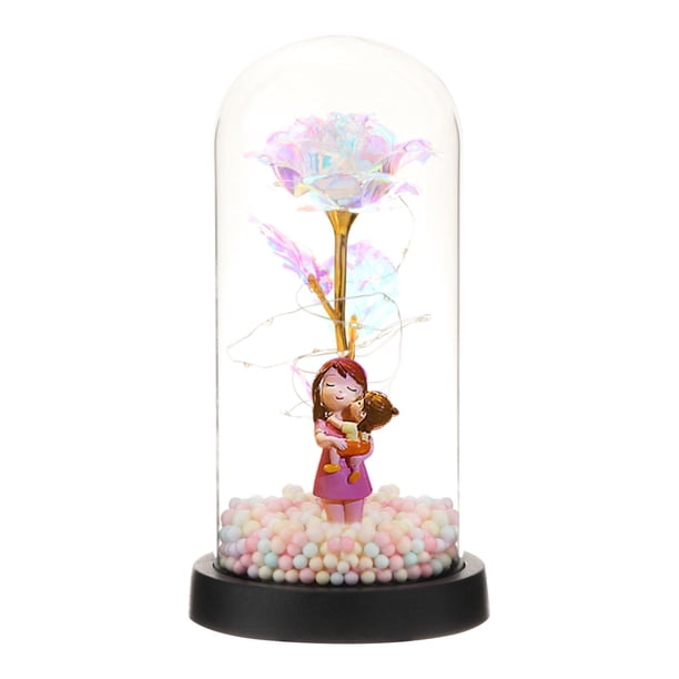 Flor artificial iluminada, rosas eternas, decoración de regalo, rosa romántica iluminada en cúpula de cristal para cumpleaños, Acción de Gracias Madre ColoridoLuz