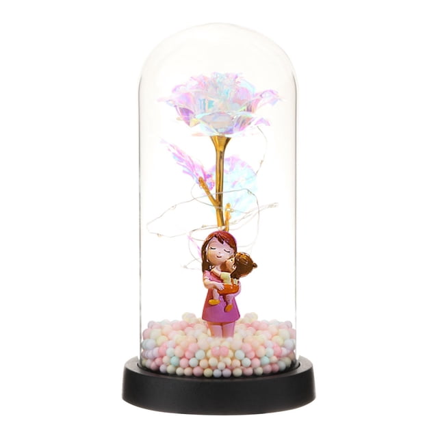 Rosa eterna flores rosa en cúpula de cristal decoración de regalo flor artificial con luces para el día de la madre, Acción de Gracias Madre ColoridoLuz