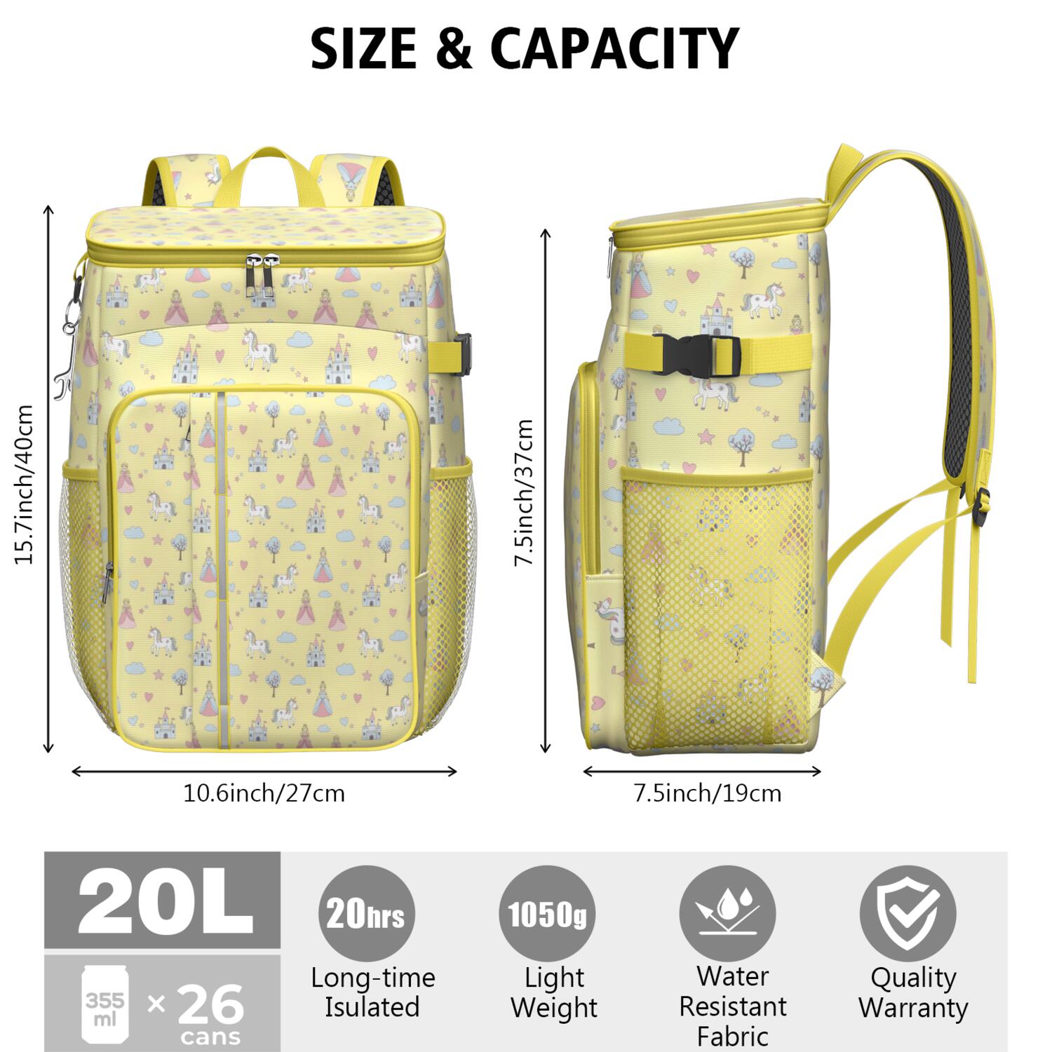 Travel Cooler Bag - Yellow Princess Unicorn Pattern Camping Beer Cooler Backpack with Bottle Opener- Waterproof Insulated Picnic Backpacks - Cooler Bag for Beach
