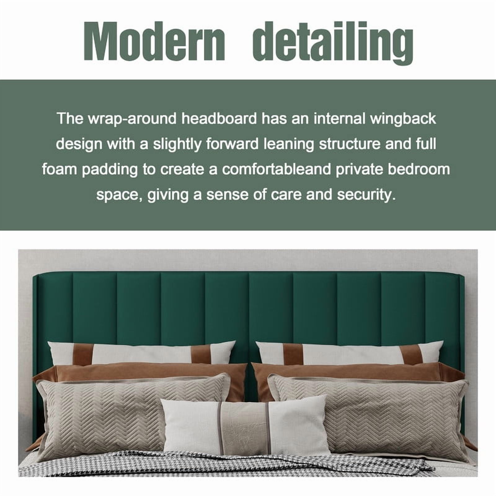 Caxkun Upholstered Platform Queen Size Bed Frame with Wingback headboard Wooden Slats Support,Green Velvet