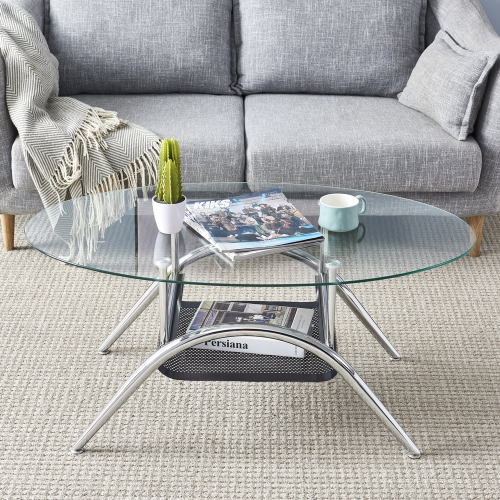 Kepooman Modern Oval Glass End Side Table with Mesh Storage Holders for Living Room, Transparent Kepooman Modern Oval Glass End Side Table with Mesh Storage Holders for Living Room, Transparent