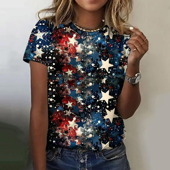 Cavosen Patriotic Shirts for Women Petite Red White and Blue Short Sleeve Round Neck T Shirts USA Star Striped Graphic Shirts Lady XL Patriotic Casual Shirts Independence Day Tunic Tees