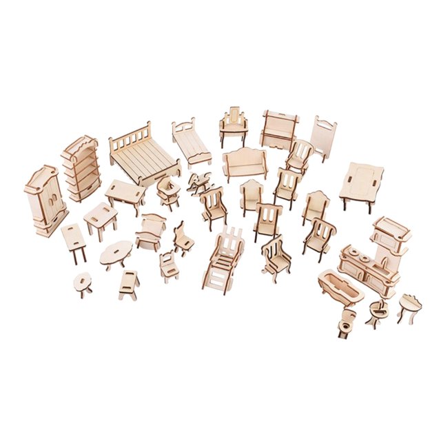 34 piezas de muebles de -rompecabezas de maquetas en miniatura casa de diy accesorios decoración Conjunto de 34 muebles miniatura en madera natural, vista frontal con cama, sillas, mesas, estantería, sofá y accesorios ensamblados; piezas de tablero contrachapado 3 mm con acabado liso y montaje tipo encaje sobre fondo blanco. Ideal para casa de muñecas, dioramas y proyectos DIY; también suele usarse para manualidades y modelismo.