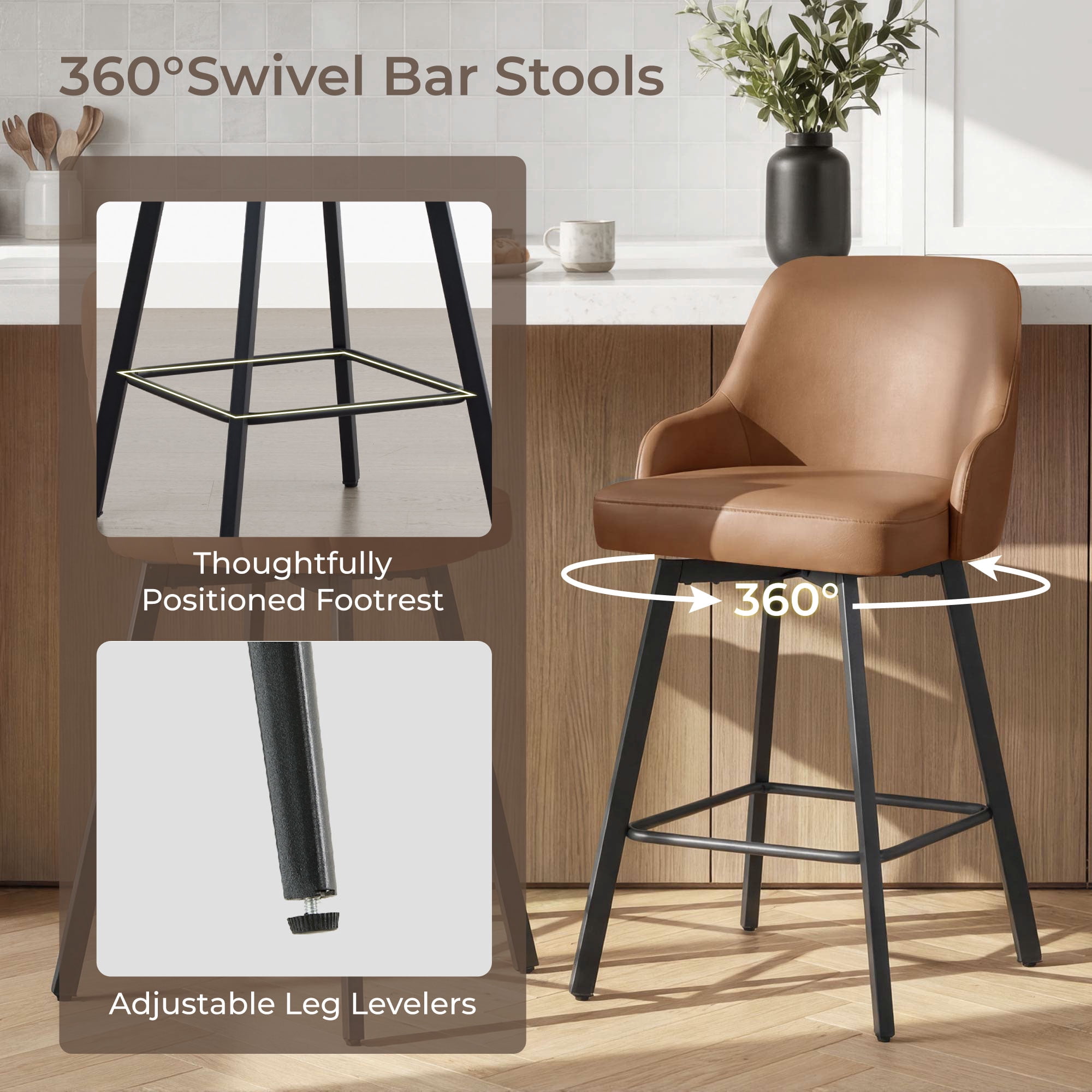 Spruce & Spring Swivel Counter Stools Set of 2, Modern Faux Leather Bar Stools with Back and Arms, Diamond Stitch Upholstered Kitchen Island Chairs, Matte Black Metal Legs, Counter Height, Brown