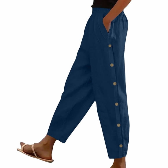 BLVB Cotton Linen Pants for Women Summer Wide Leg Elastic Waist Button Lounge Pant Drawstring Lightweight Beach Trousers