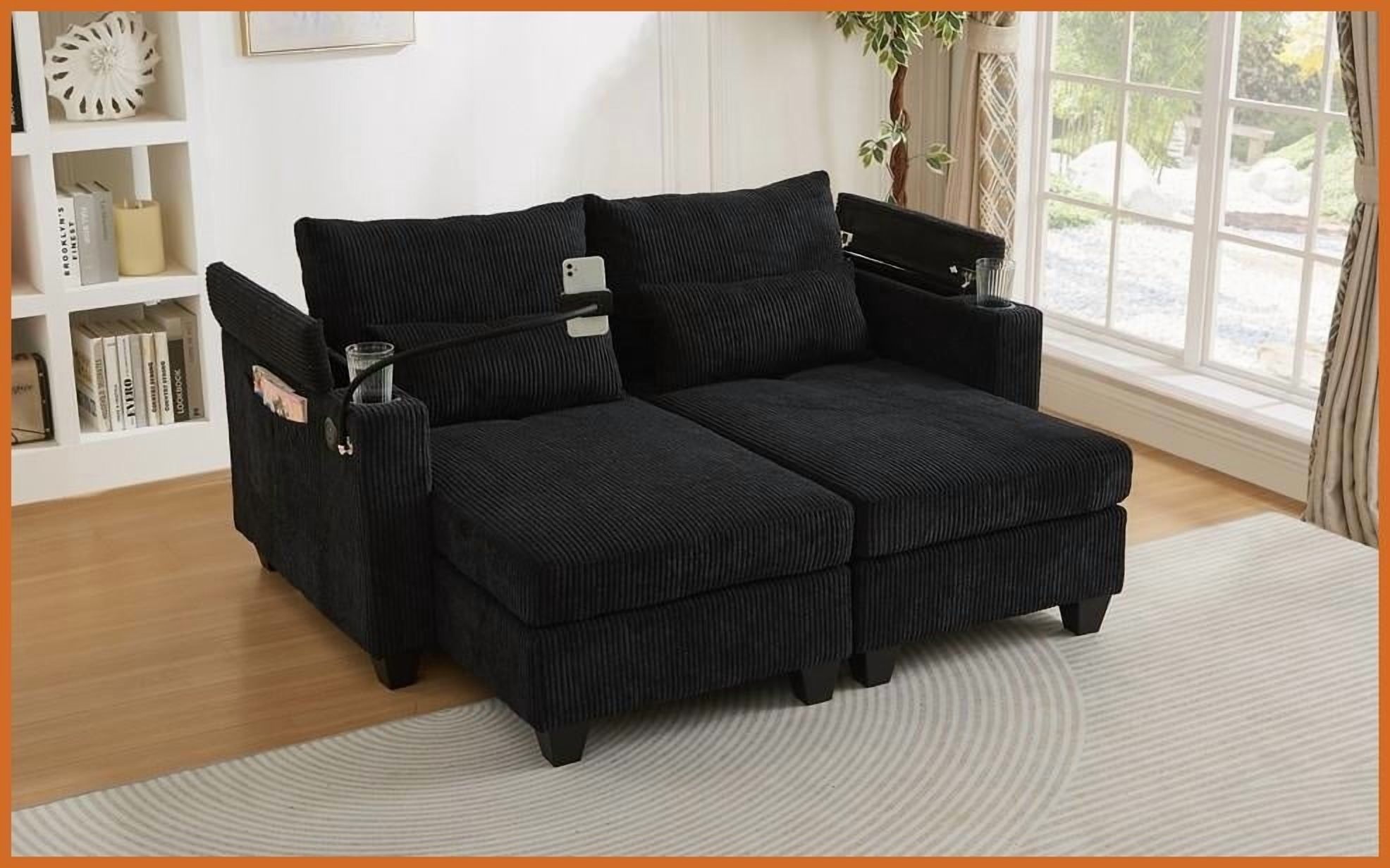 63” Convertible Corduroy Loveseat Sofa Bed with USB Ports & Cup Holders – Modern Compact Design for Living Room/Bedroom, Black
