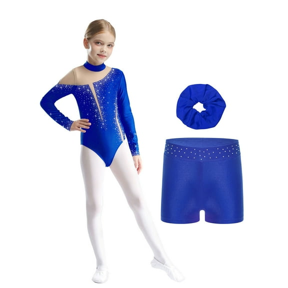 Hansber Children Girls 3Pcs Ballet Dance Unitards Gymnastics Leotards Skating Costume Tumbling Outfits A Royal Blue 12