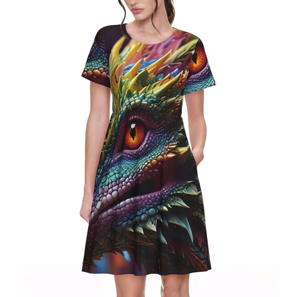 Balery Colorful Dragon Head Profile Vestidos sueltos de manga corta para mujer, vestidos de verano 2025, vestidos casuales de corte A con vuelo.