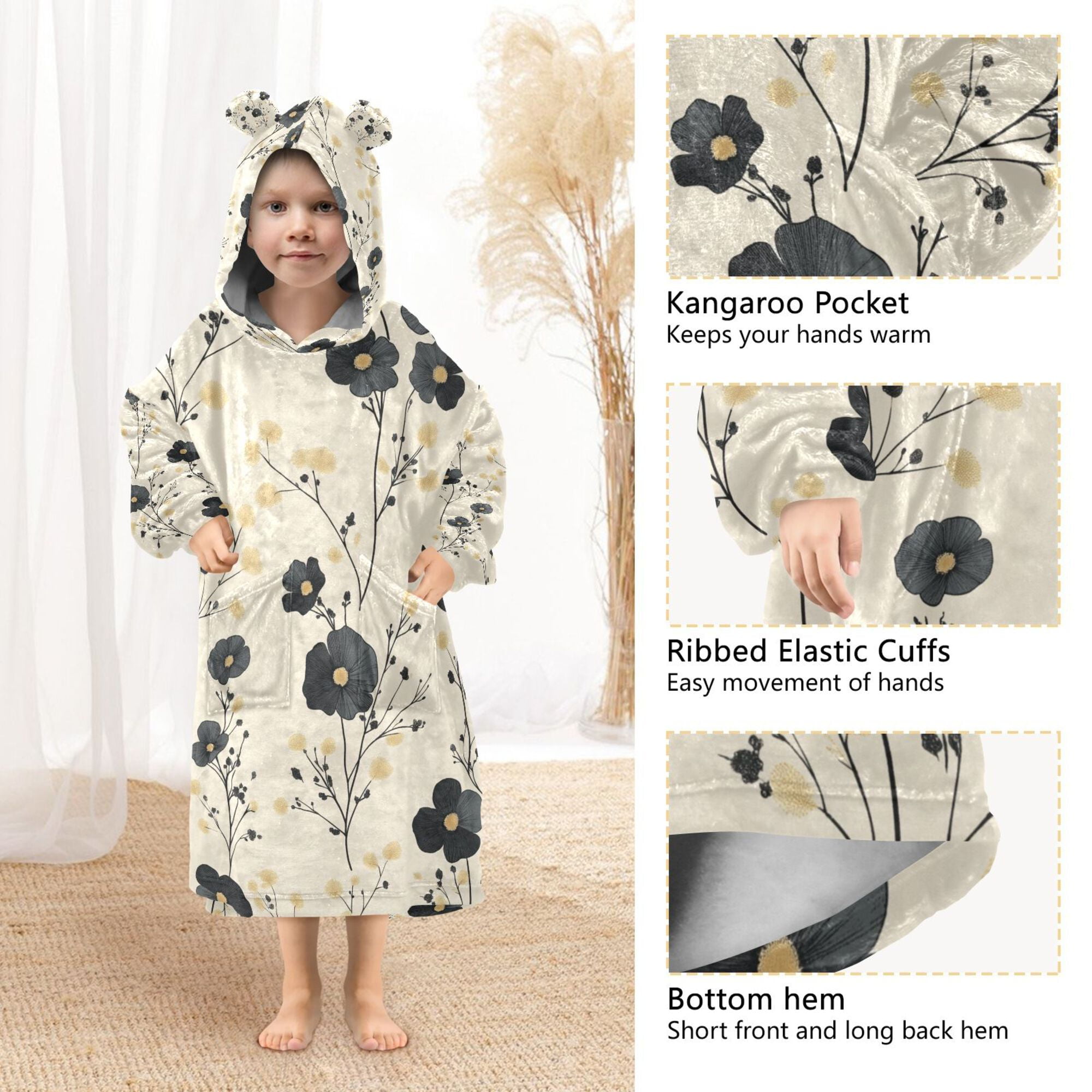 FORMRS Wearable Blanket Hoodie with Sleeves for Kids Cozy Flannel Sweatshirt, Small Black Flowers