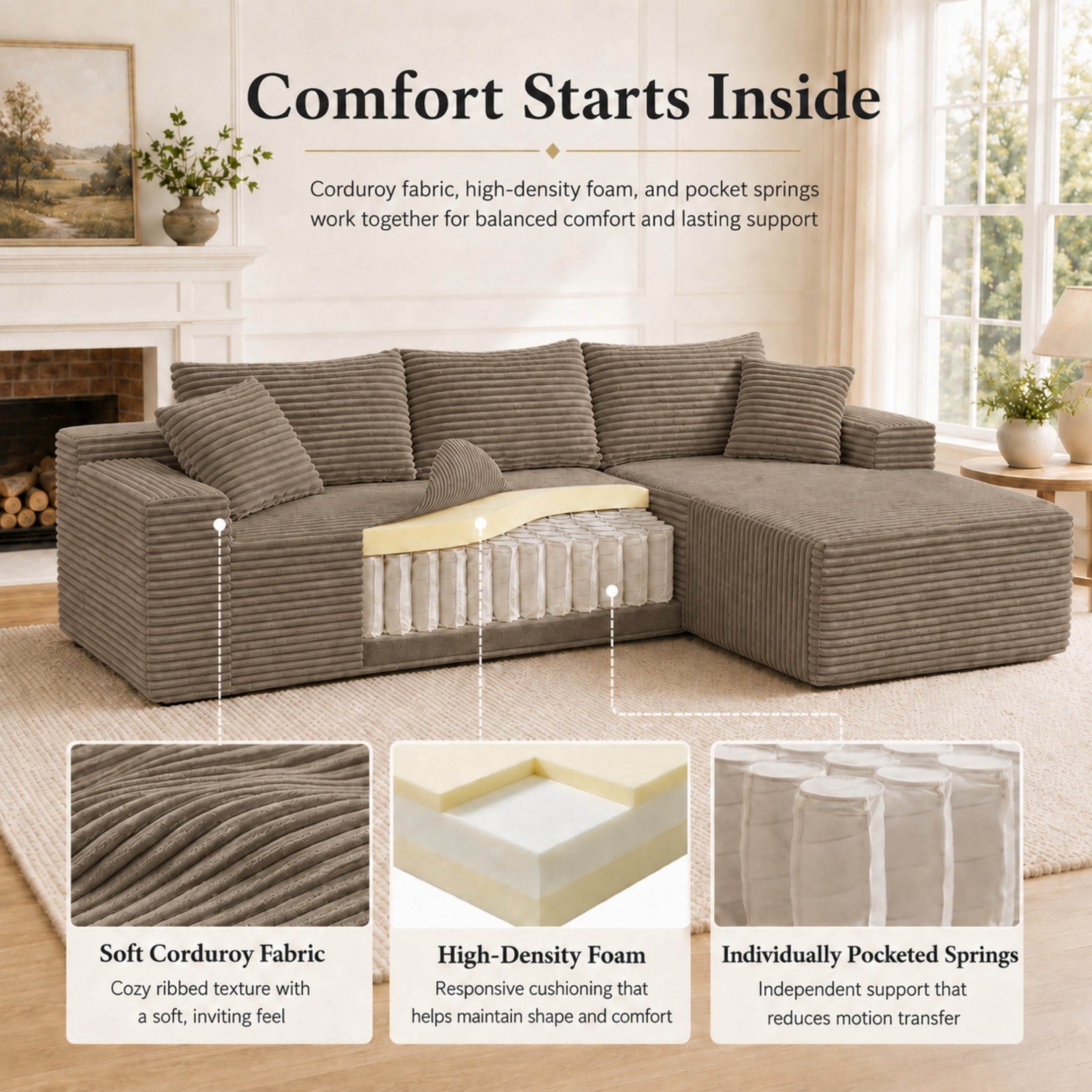 Aenkyo 106 Inch Corduroy L-Shaped Cloud Sectional Sofa with Reversible Chaise, Camel