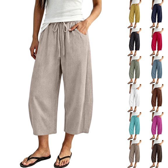 Aihuaihua Linen Capri Pants for Women Cropped Barrel Drawstring Wide Leg Cotton Capris 2026 Casual Summer Boho Baggy Palazzo Trouser