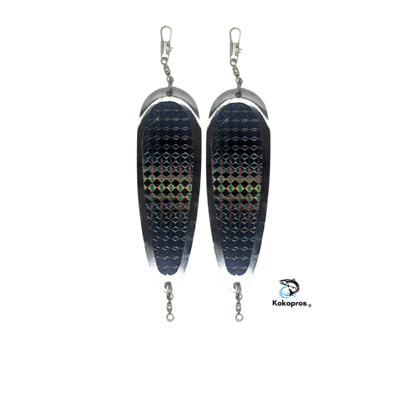 KOKOPROS® Kokanee Salmon Finished Teardrop Fishing Flashers 5 ½ inch Chrome Plated (Black Holographic) 2 PK