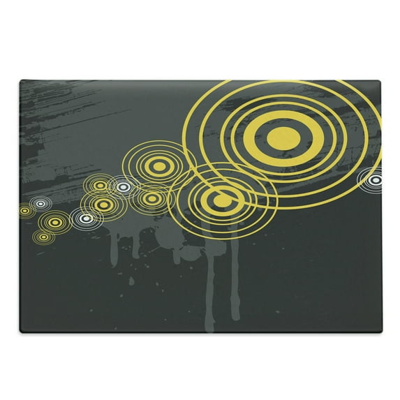 Grey and Yellow Cutting Board, Music Street Design Inspired Geometrical Inner Circles Image, Decorative Tempered Glass Cutting and Serving Board, Large Size, Charcoal Grey and Black, by Ambesonne