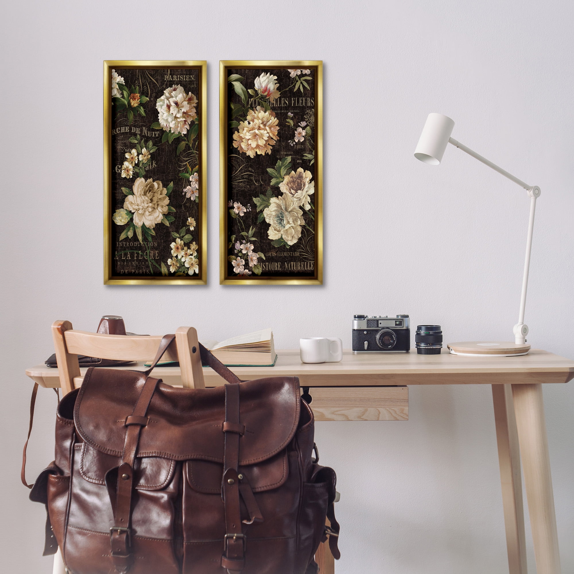 Stupell Industries Vintage French Typography Flowers Botanical & Floral Painting Gold Floater Framed Canvas Art Print Wall Art, 11 x 25, Set of 2