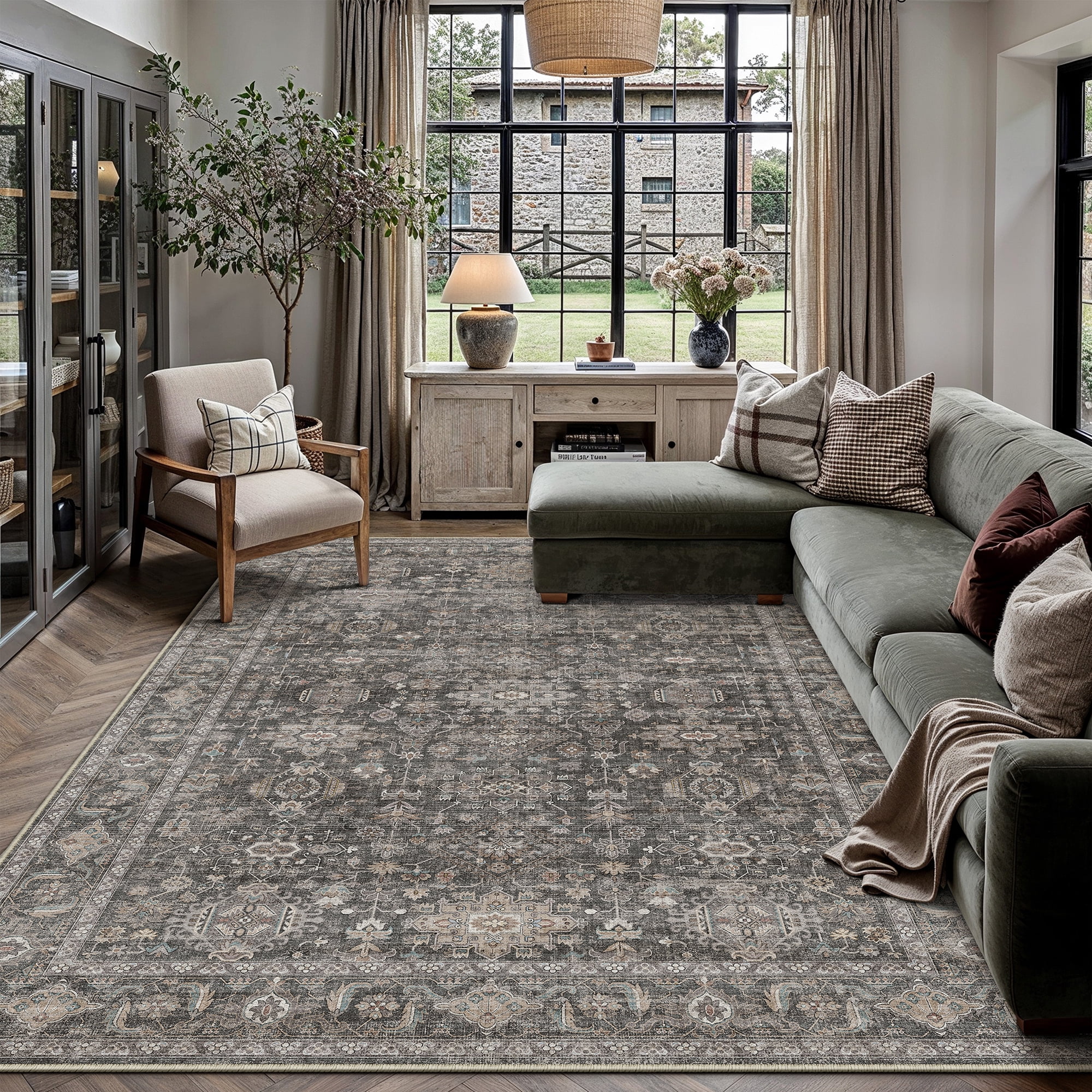BERTHMEER 8'x10' Area Rugs for Living Room Dining Room Bedroom Farmhouse Office Oriental Vintage Traditional Carpets Non Slip Machine Washable Large Rugs, Black