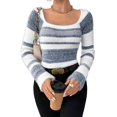 thumbnail image 2 of Women'S Pullover Striped Knit Square Neck Sweater Color Block Long Sleeve Cute Trendy Fuzzy Sweaters Blue XS, 2 of 9
