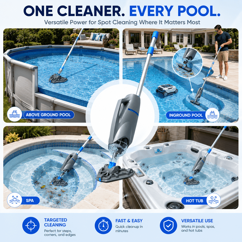 Hot Tub Vacuum, Cordless Handheld Pool Vacuum for Above Ground Pool | Up to 6.6 ft Pole, 15 GPM Powerful Suction, 2 Brush Heads, 2 Filter Bags, 60 Min Runtime, Design for Spa, Hot Tub, Small Pool
