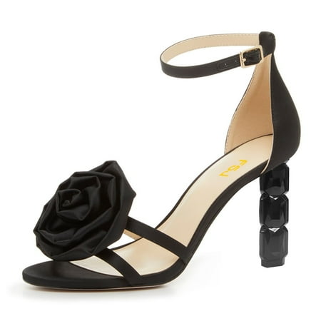 FSJ Women Sexy Flower Open Toe Sandals Three Crystal Block High Heels Pumps Adjustable Buckle Ankle Strap Prom Wedding Evening Shoes Size 6 Black