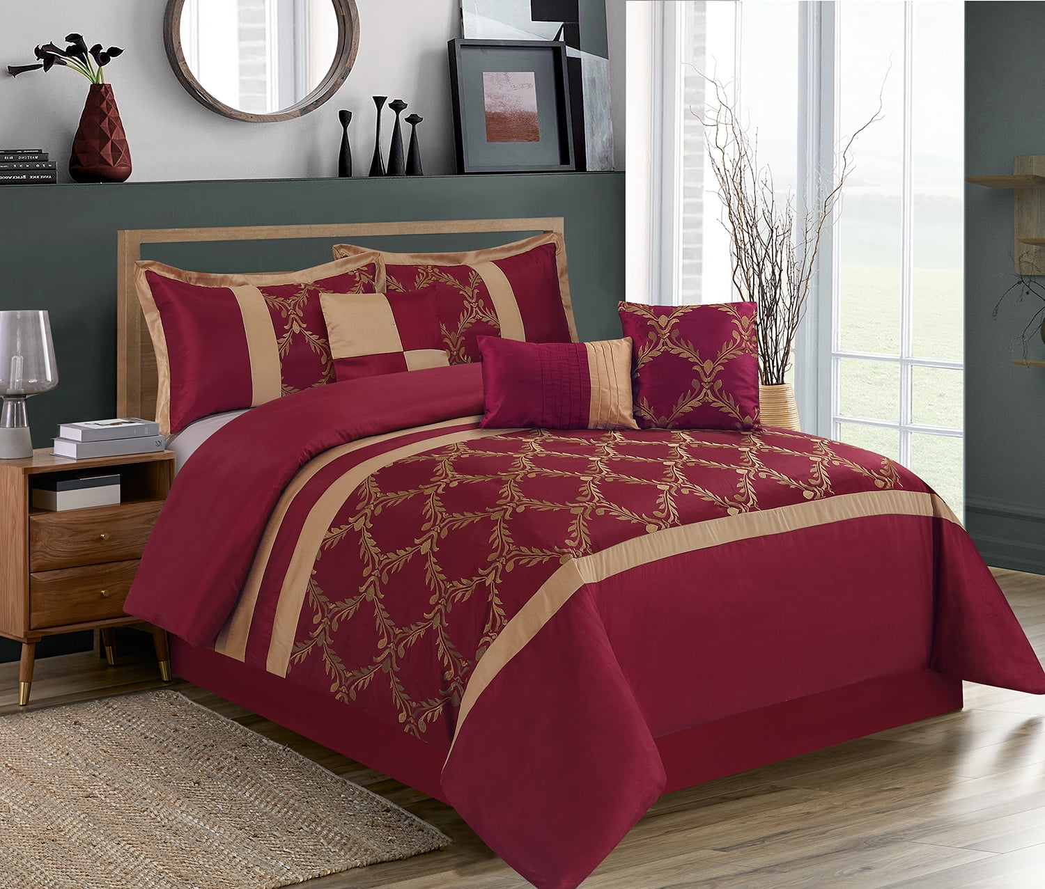 Luxurious Silky Black Burgundy Floral Jacquard 7 pc Cal King Queen Comforter Set 