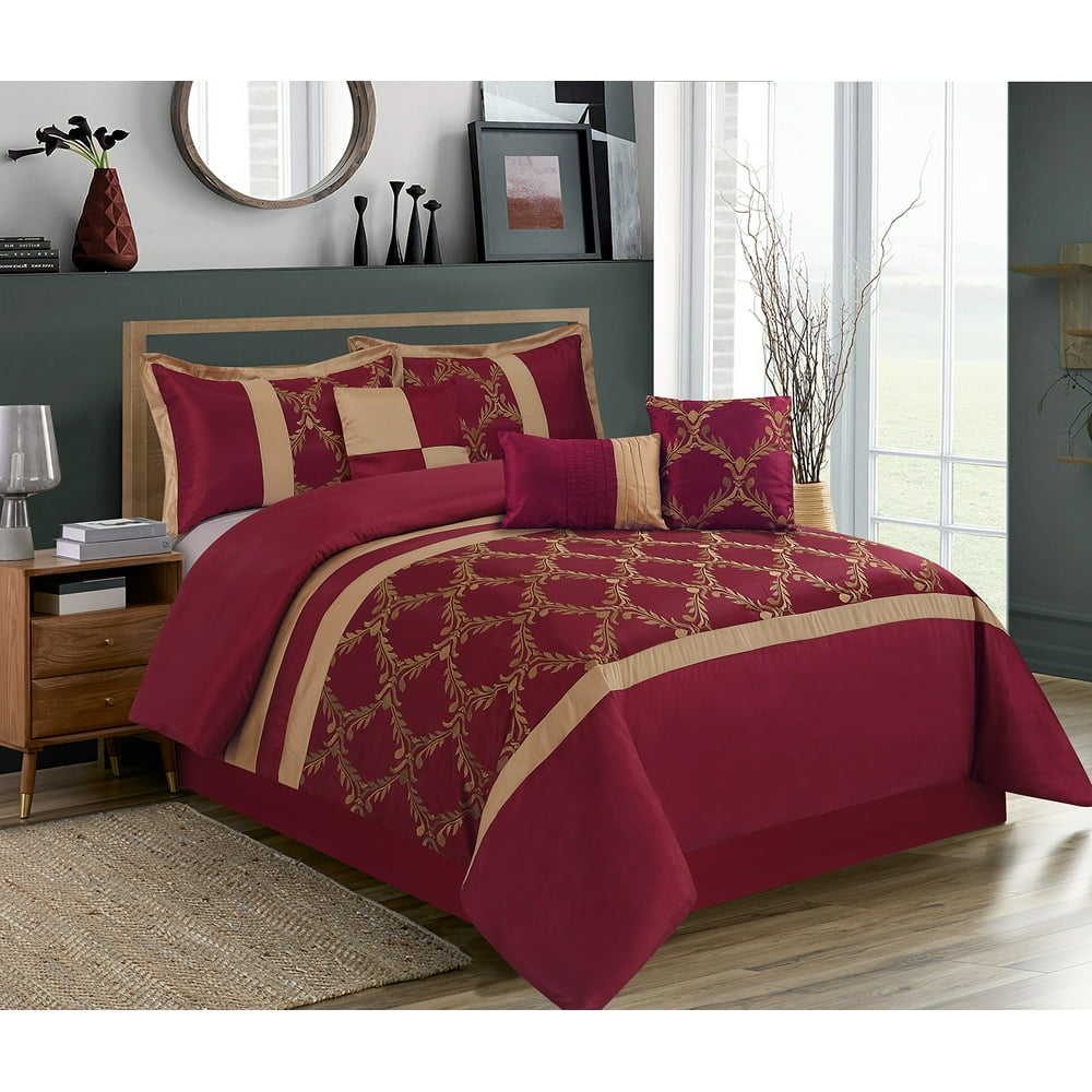HIG 7 Piece Comforter Set King Burgundy and Gold Faux Silk Fabric