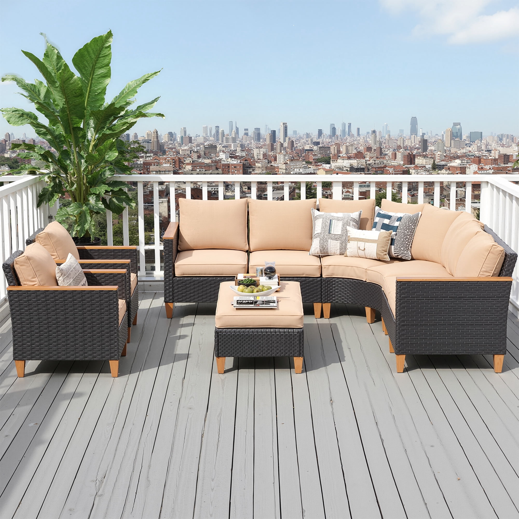 MAYEERTY 10-Piece Outdoor Patio Curved Rattan Sofa Set with Ottomans and Fan-shaped Seats