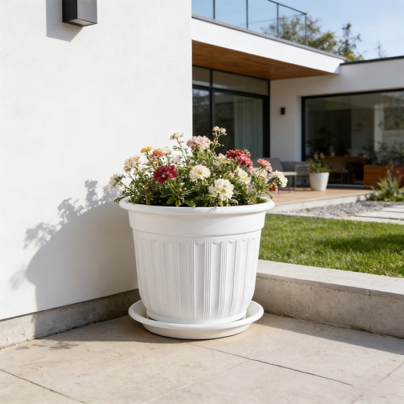 Ljiaocrou Faux Ceramic Planter, Plastic Flower Pot, Breathable Rhizome Controlling Pot for Indoor and Outdoor Green Plants, Lightweight Durable Plant Container with Matching Base Tray for Home Decor