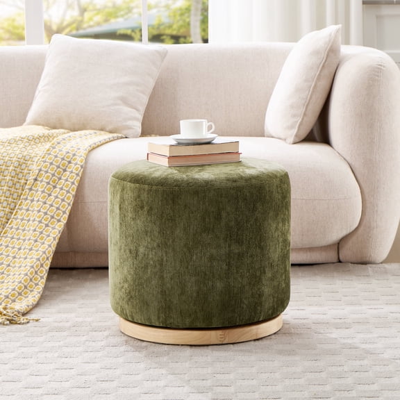 Zesthouse 19.7″ Swivel Round Ottoman, Chenille Upholstered Foot Stool with Solid Wood Base, Modern Vanity Stool for Living Room Bedroom Dorm, Olive Green