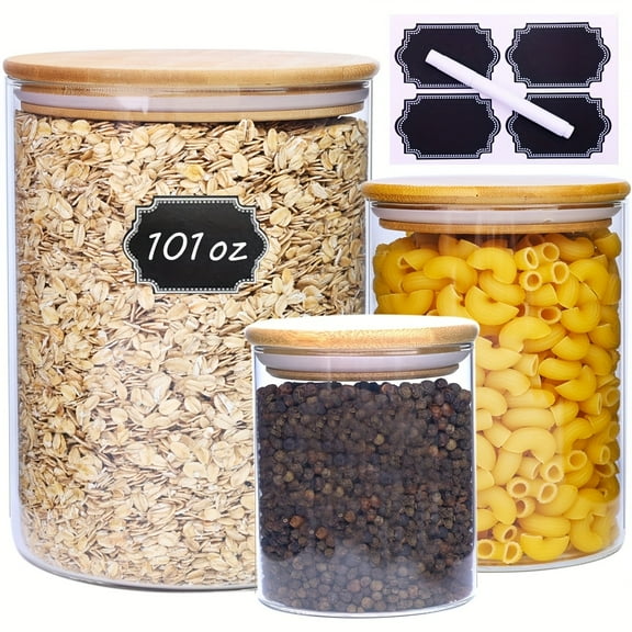 Set Of 3 Large Clear Glass Airtight Food Flour Sugar Storage Jars Set with Bamboo Lid, for Kitchen Countertop, Canisters Sets, for Candy, Cookie, Rice, Coffee Beans, Snacks, Spices2025