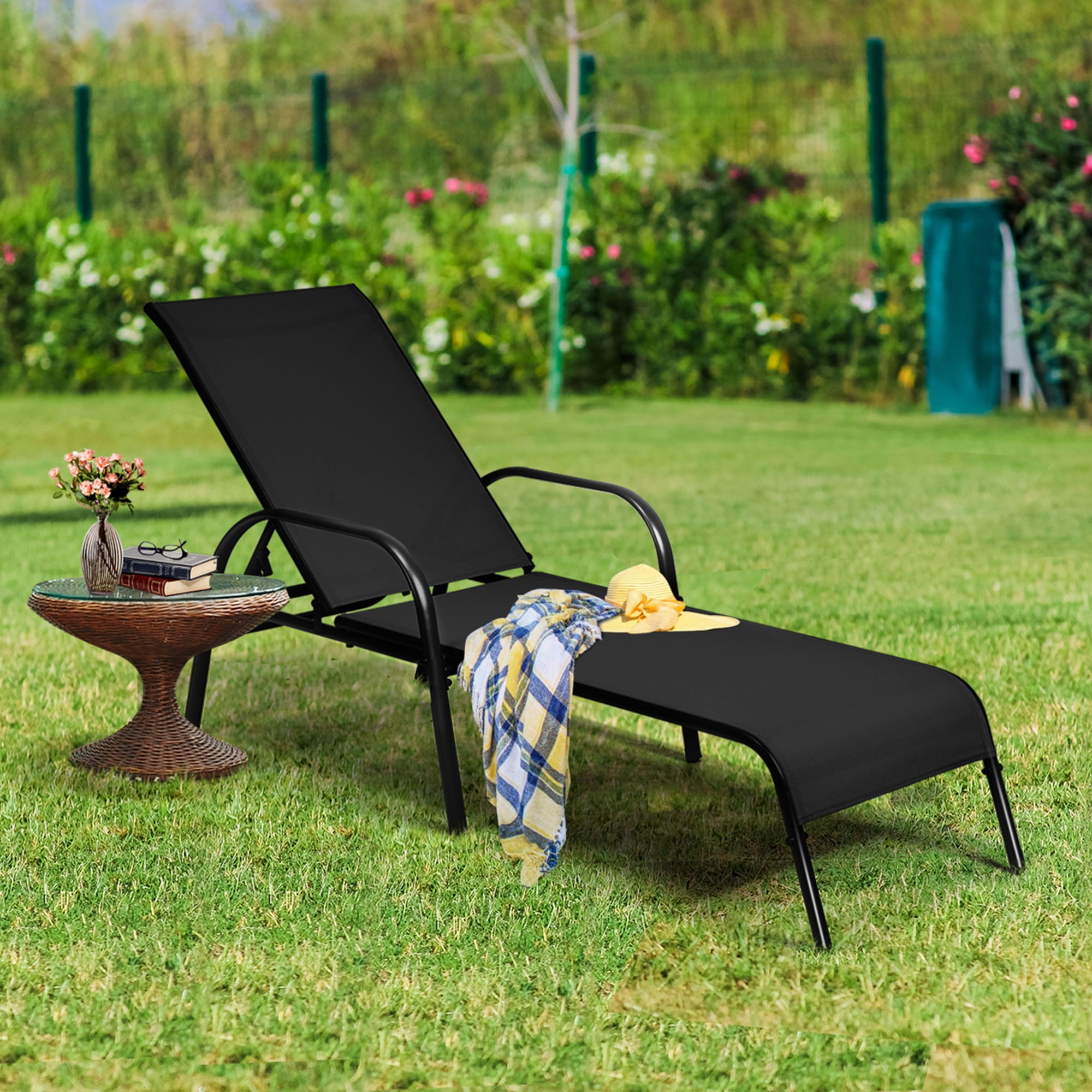Gymax Reclining Fabric Outdoor Chaise Lounge - Set of 2, Black
