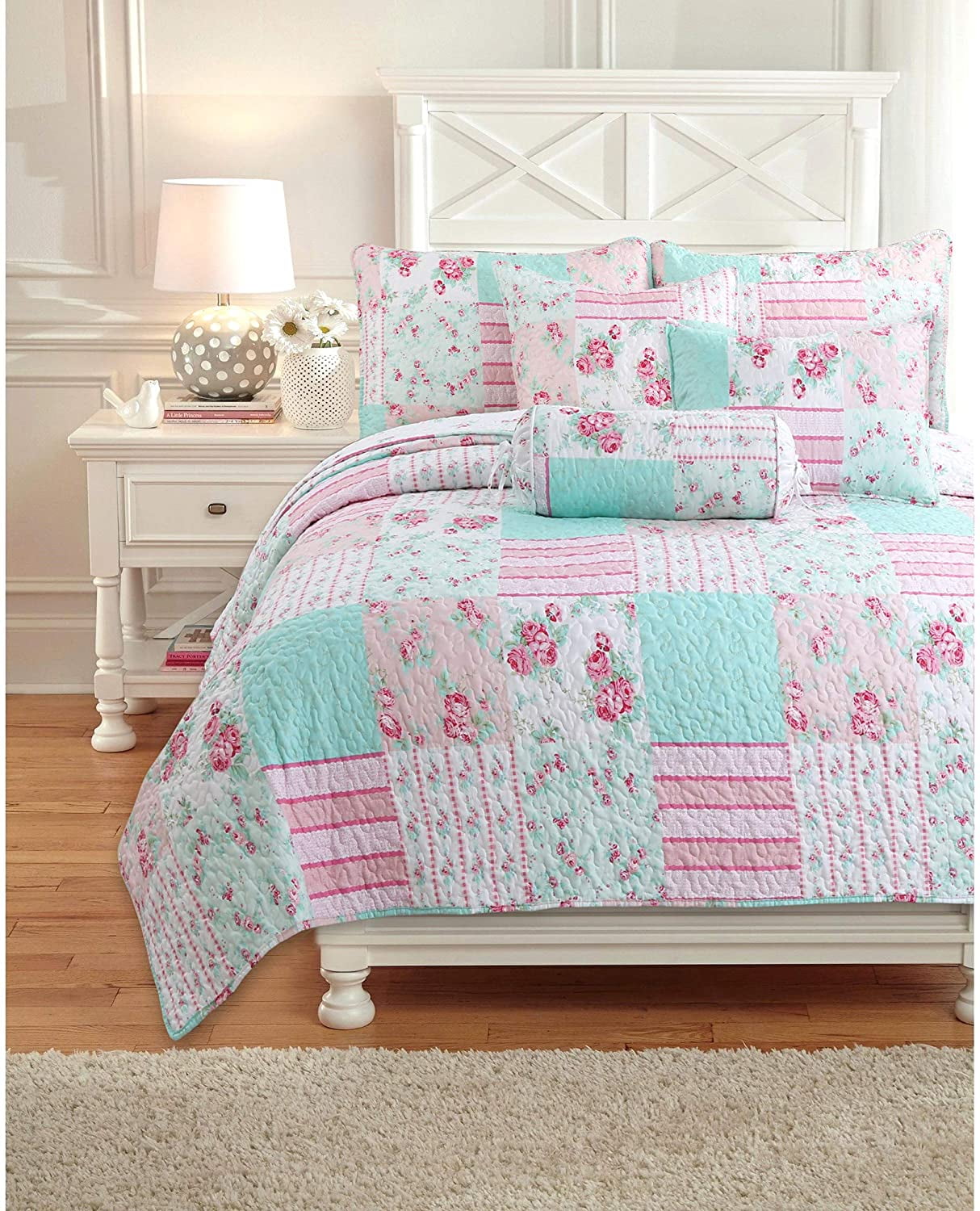 Cozy Line Pink Garden Floral Pink Blue Reversible 3Piece Quilt Bedding