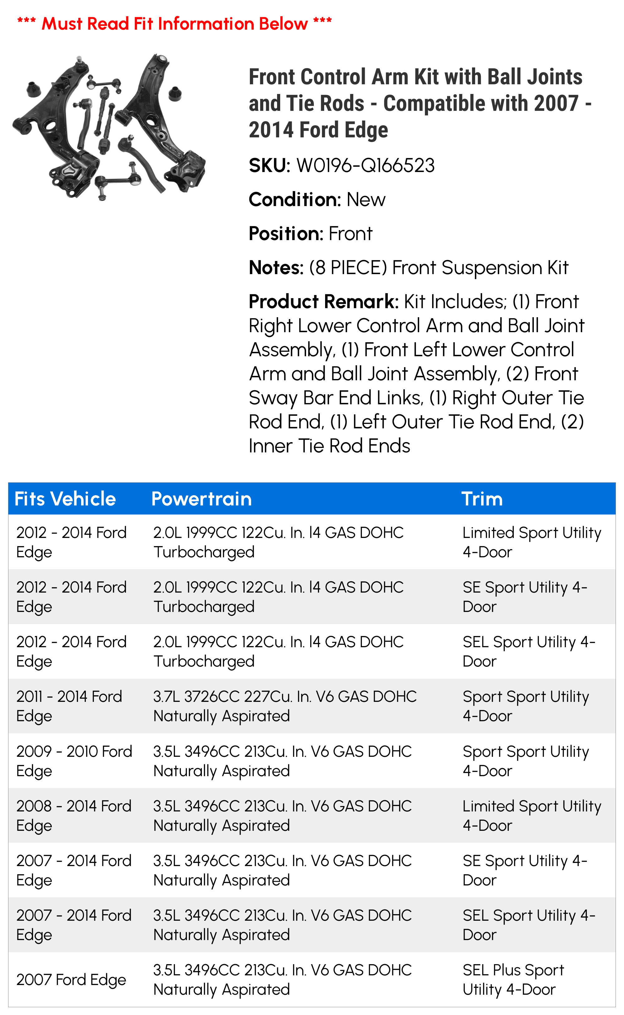 Front Control Arm Kit with Ball Joints and Tie Rods - Compatible with 2007 - 2014 Ford Edge 2008 2009 2010 2011 2012 2013