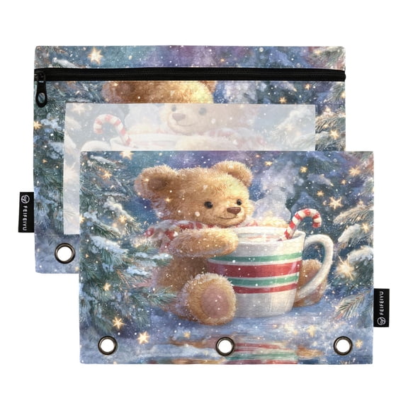 2 Pack 3 Ring Binder Pouch with Clear PVC Window Water Resistant Zipper Pencil Pouch Giant Cute Bear Binder Pocket for Classroom Office Home Stationery Organization