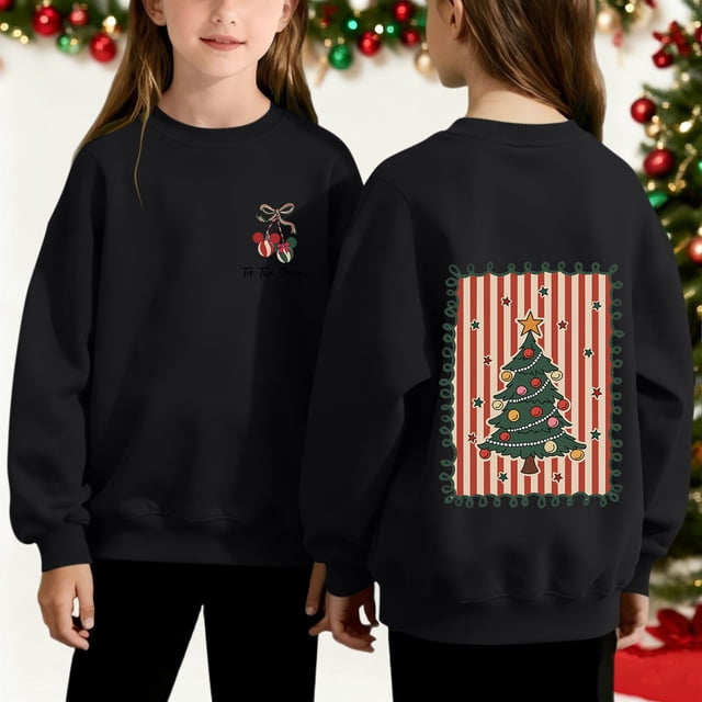 Cowsor Chandails en Molleton pour Filles Enfants Mignon Graphique Col Rond Chandail Tops Xmas Manches Longues Chemises de Vacances