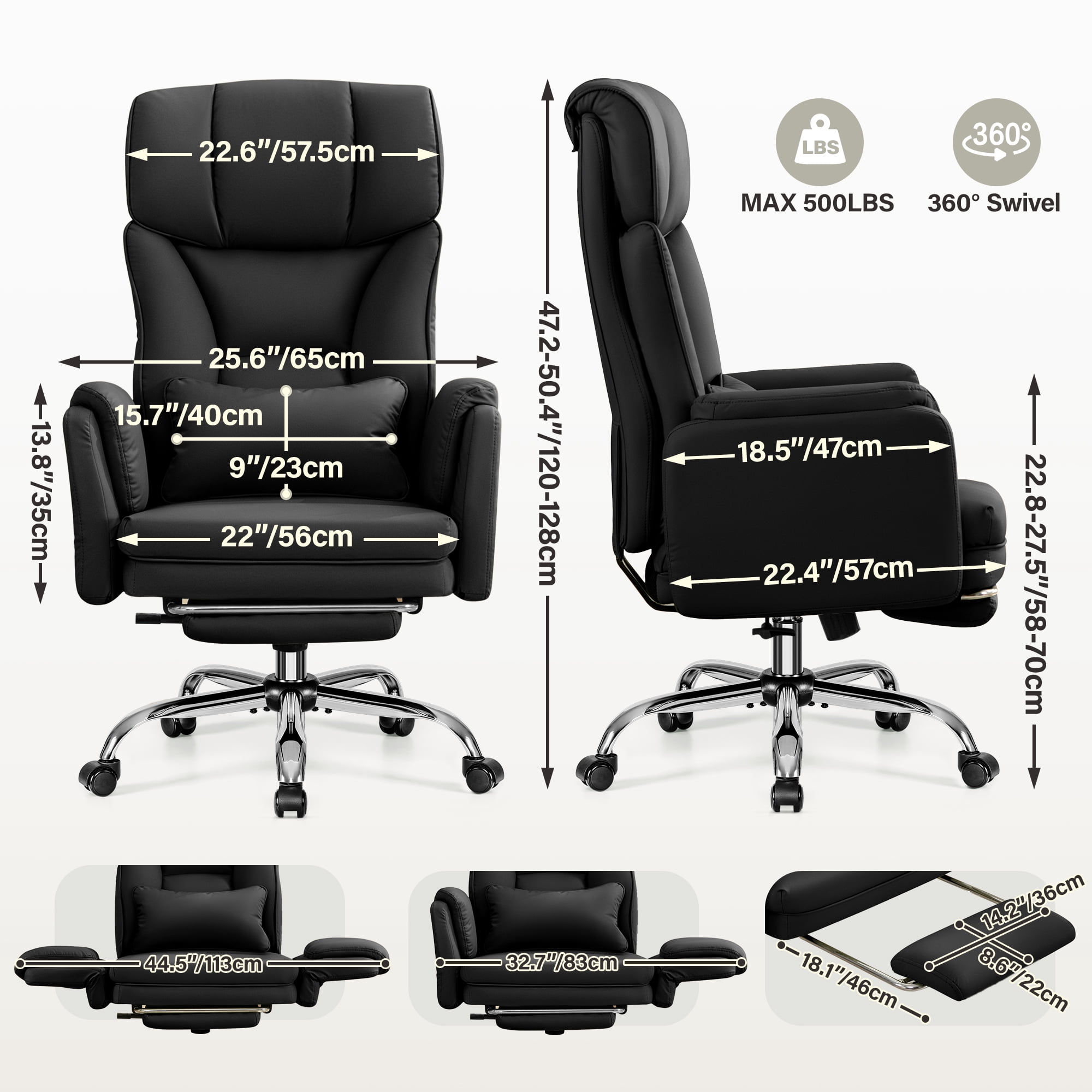 COOLHUT Big and Tall Office Chair, High Back Executive PU Leather Desk Chair with Footrest, Ergonomic Home Office Chair Computer Chair with Lumbar Support & Padded Armrest, Black