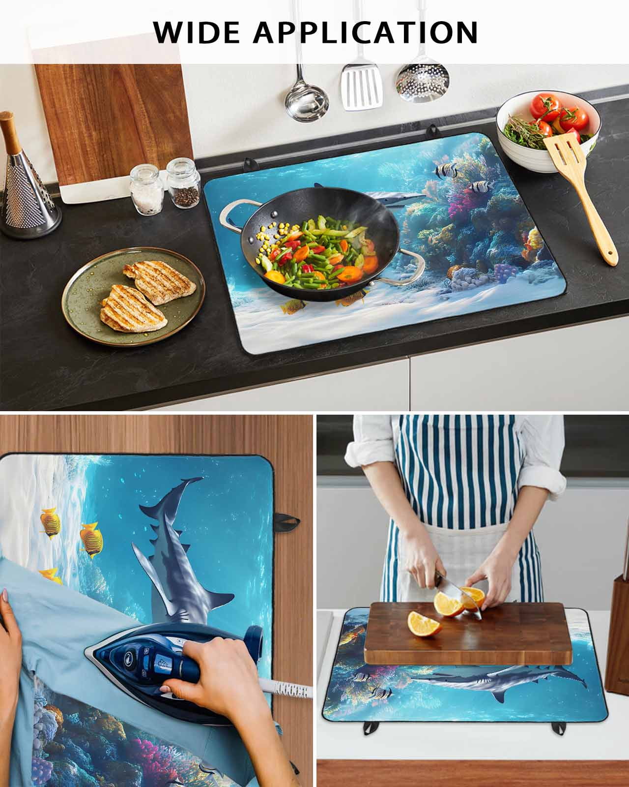 nqOlkjepod Large Induction Cooktop Protector Mat 24"x21", Shark Coastal Stove Top Covers for Electric Stove, Summer Beach Coral Ocean Nautical Stove Burner Cover Mats, Glass Top Stove Cover