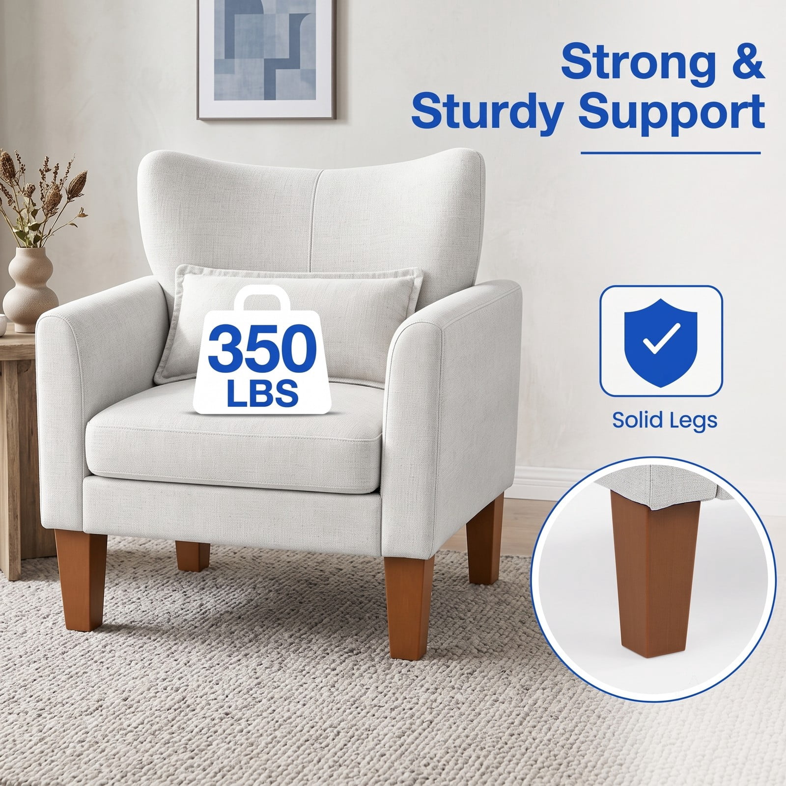 Furnibear Modern Accent Chair with Removable Seat Cushion and Lumbar Pillow, Faux Linen Upholstered Armchair for Living Room Bedroom Office Reading Nook, 350, Beige