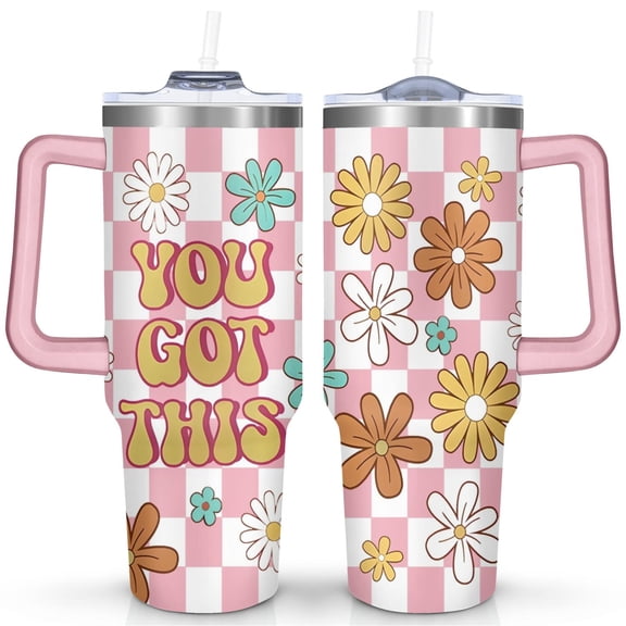 40oz Daisy Tumbler with Handle & Straw, Stainless Steel Insulated Cup, Leak Proof Travel Mug, Keeps Drinks Hot/Cold, Nurse Coffee Cup, Gifts for Women Men