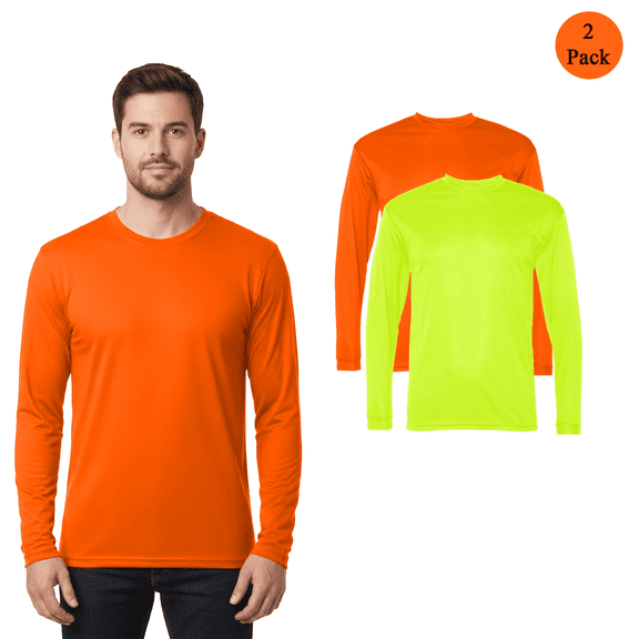 C2 Sport Mens Performance Long Sleeve T-Shirt, Hi Vis Safety Yellow and Orange Work Tee, 2-Pack XL