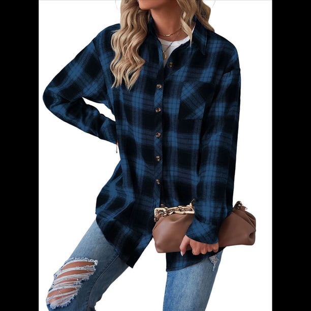 Camisas de Franela con Botones para Mujer, Camisas A Cuadros de Larga, Blusa Informal de Negocios Azul XL