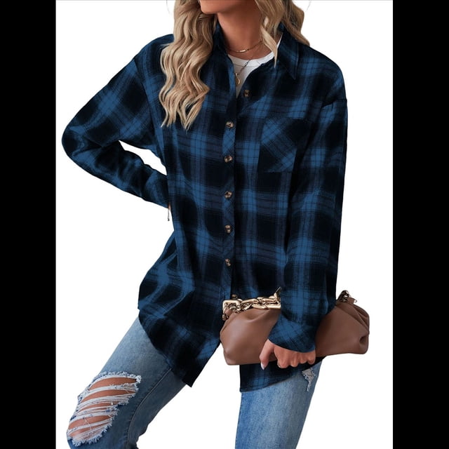 Camisas de Franela con Botones para Mujer, Camisas A Cuadros de Larga, Blusa Informal de Negocios Azul XXL