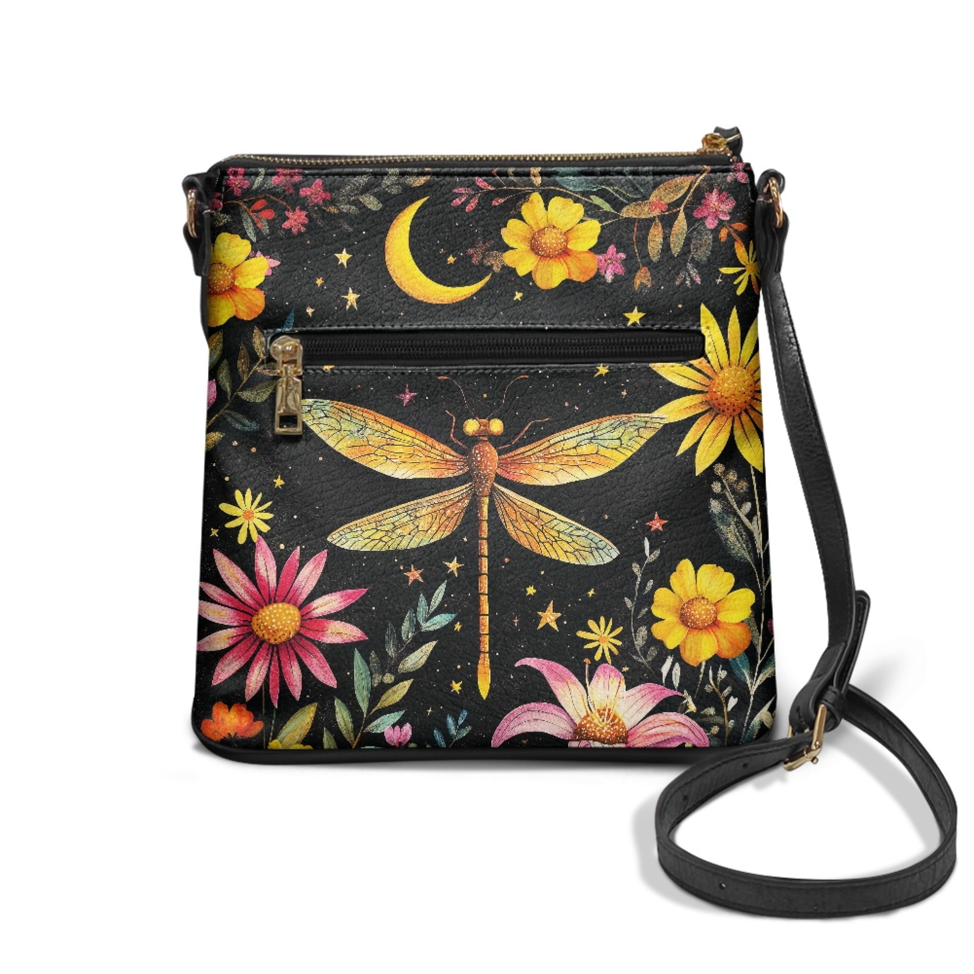 Kuiaobaty Dragonfly Daisy Moon Print Crossbody Bag for Women, Casual Medium Size Vegan Leather Shoulder Handbag Crossbody, Waterproof Sling Purse with Adjustable Strap for Travel