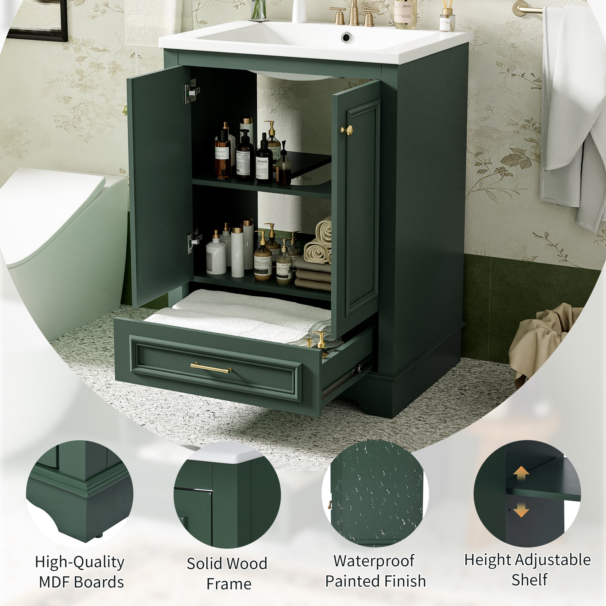 Homy Casa 24" Bathroom Vanity with Sink, Ceramic Top Storage Cabinet for Small Bathrooms, Dark Green