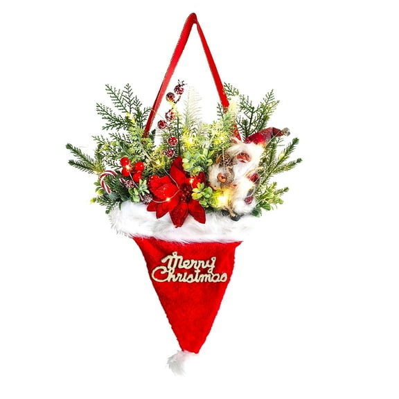 🎄Christmas Wreath for Front Door, Artificial Santa Hat Christmas Garland , Wreaths for Front Door ,Lighted Wall Hanging Ornament Christmas Door Wreath, 15.75in