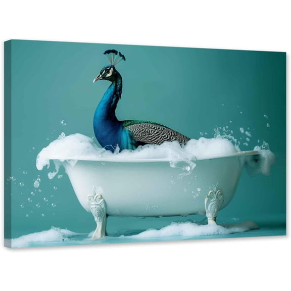 ZHONGYUTONG Funny Bathroom Wall Art Peacock in Bathtub Pictures Cute Animals Canvas Painting for Toilet Decor Framed (12.00" x 18.00")