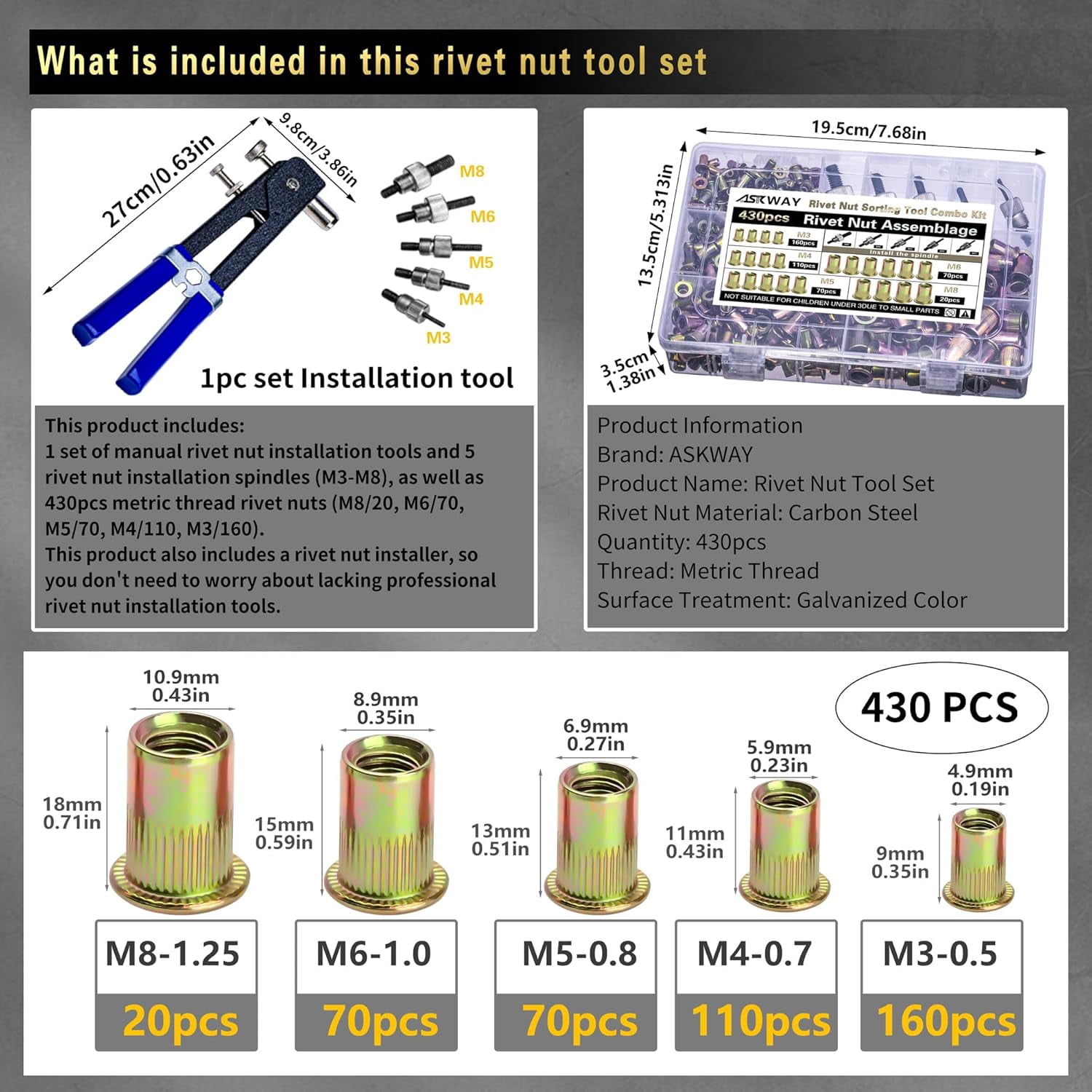 Imperial Rivet Nut Tool Kit 430pcs, SAE Rivet Nut Combination （5/16-18、1/4-20、10-24、8-32、6-32）, Suitable for Automotive, Marine and Industrial Applications(SAE Carbon Steel 430PCS)