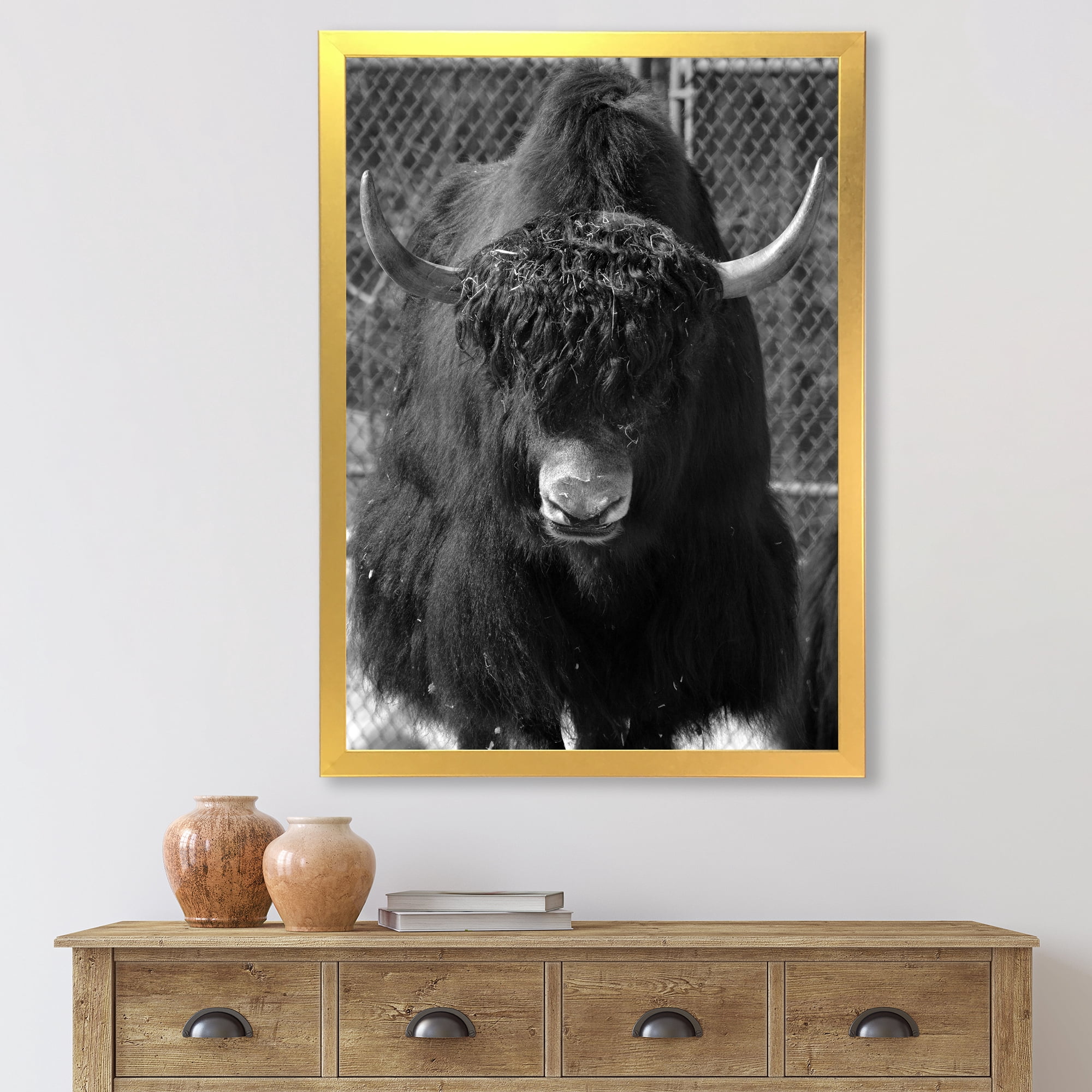 Designart 'Portrait Of Monochrome Wild Bull In Winter Forest II' Farmhouse Framed Art Print
